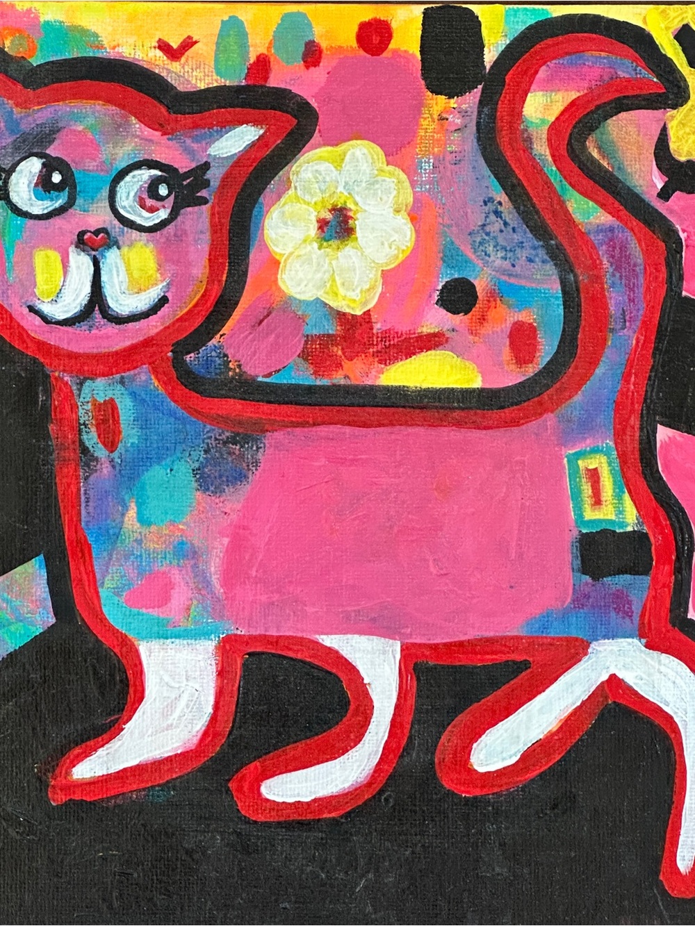 Hand Painted Whimsical Pink Cat Art 8x8” Canvas Panel